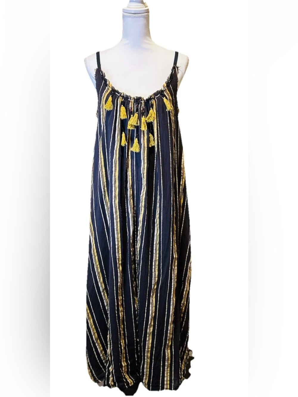 Free People Variegated Stripe Tassel Maxi Dress Small Black Cream Gold Boho S